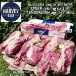 Beef Tenderloin aged chilled Australia STEER young-cattle whole cut brand HARVEY +/- 2.5 kg/pc price/kg (eye fillet mignon daging sapi has dalam) PREORDER 2-3 days notice